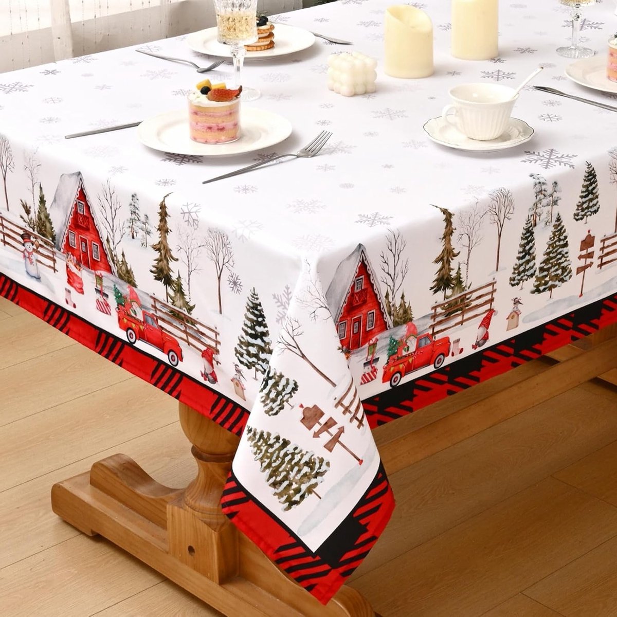 Kersttafelkleed met sneeuwvlokken en huizen, waterafstotend en afneembaar, feestelijke winterdecoratie 140 x 240 cm