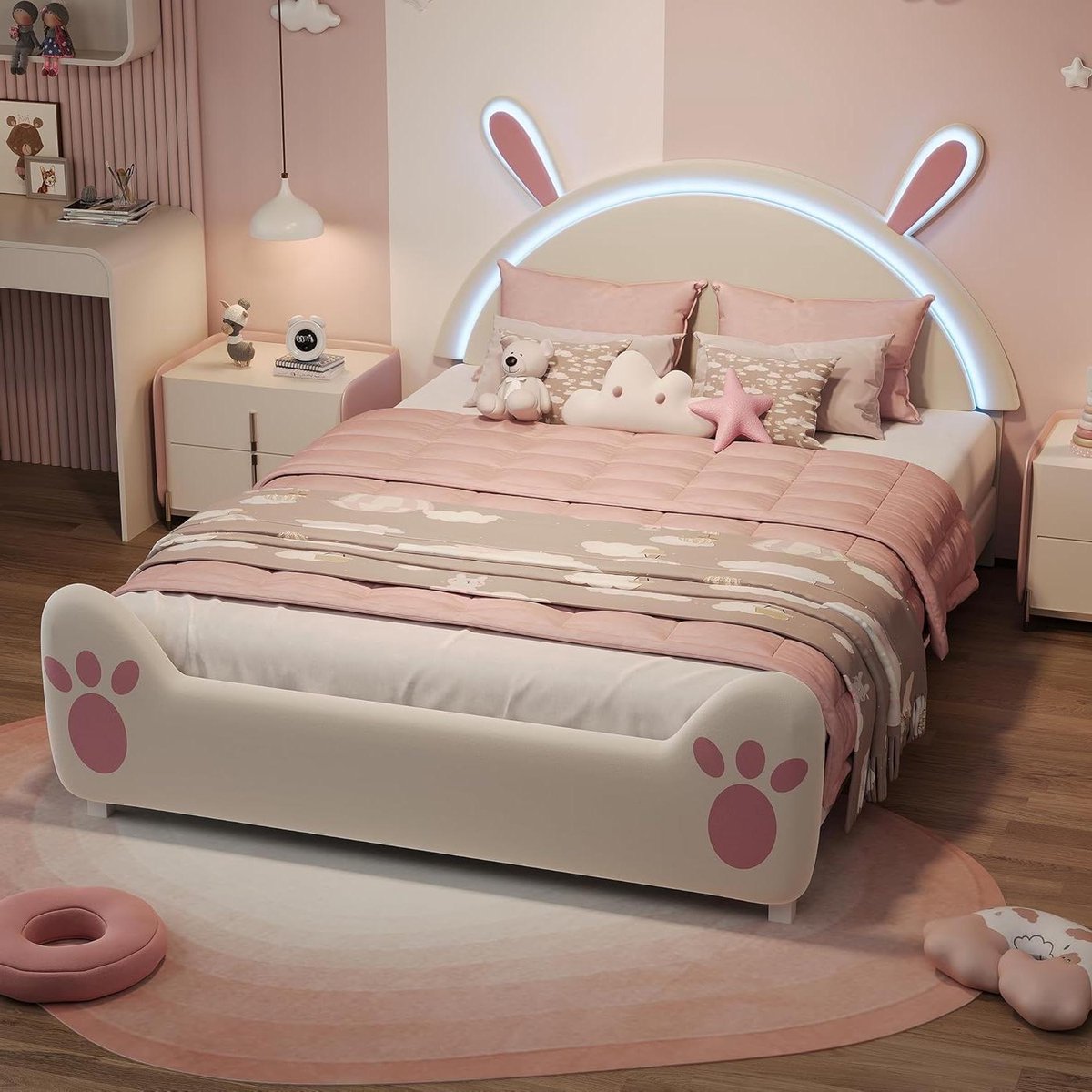 Gestoffeerd Kinderbed - Tienerbed Meisjesbed - Slaapkamer Inrichten - Bloembladvormig Hoofdeinde - 140 x 200 cm - Roze