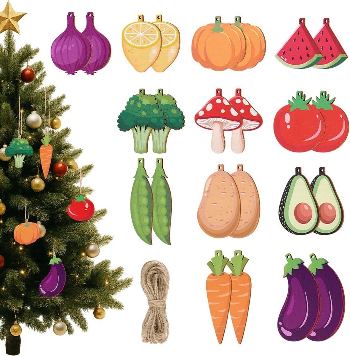 24 Stuks Houten Kerstboomdecoraties in 12 Stijlen, Hangende Ornamenten, Fruitdisc en Decoratieve Pendants voor Kerstboom, Wreath en Haardversiering