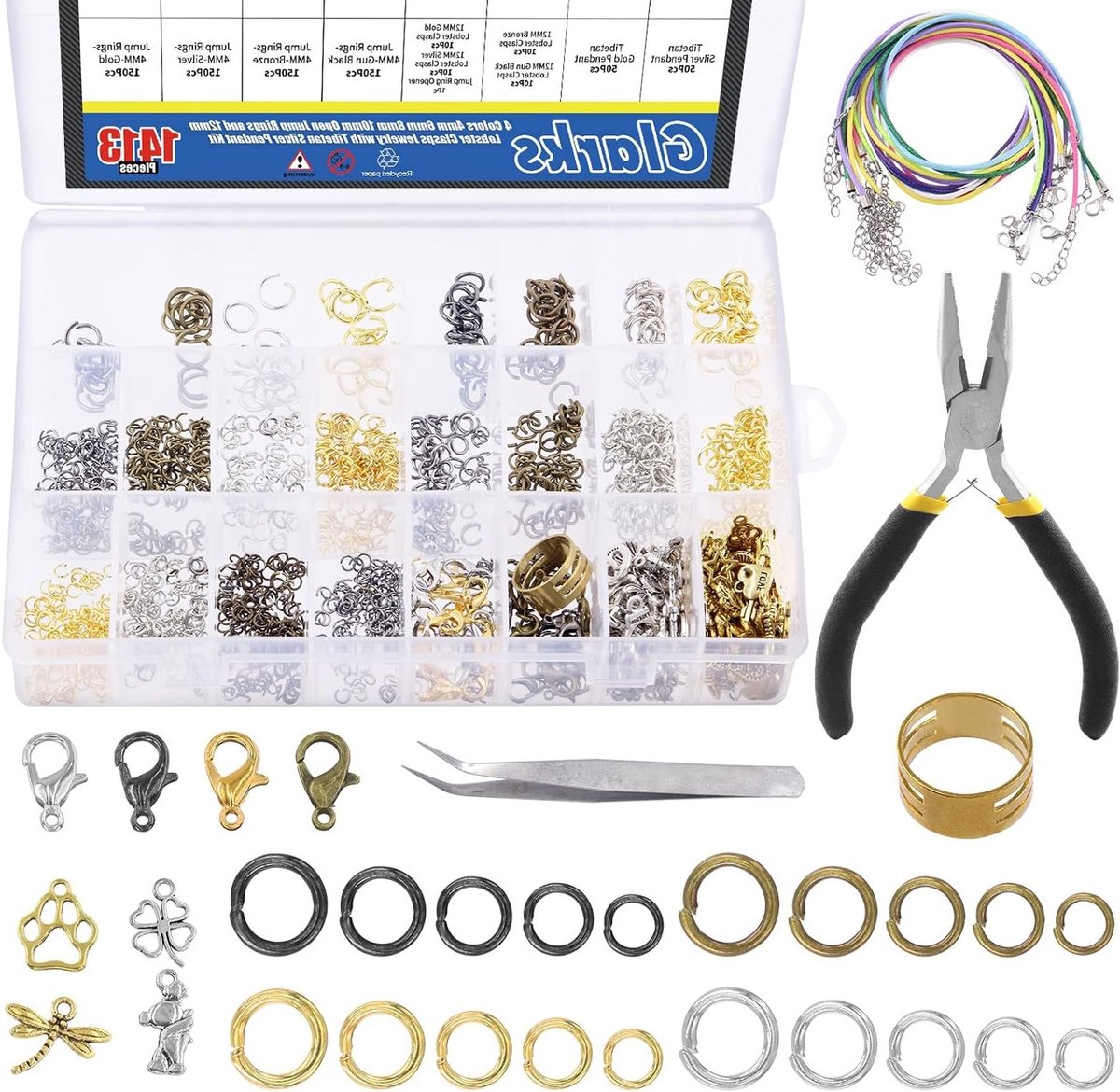 1413 Stuks Open Jump Rings en Lobster Clasps Set voor Sieraden Maken, Repareren en Accessoires met Pliers en Waxed Kordels