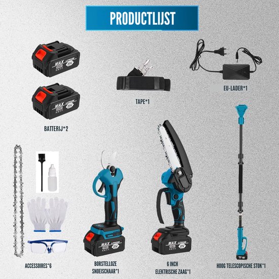 HEZIVO® Takkenschaar Telescopisch - 4-in-1 Snoeiset - Mini Kettingzaag - Takkenzaag - Accu Snoeischaar - Uitschuifbaar - Met 2 Accu's van Merkloos	 — afbeelding 4