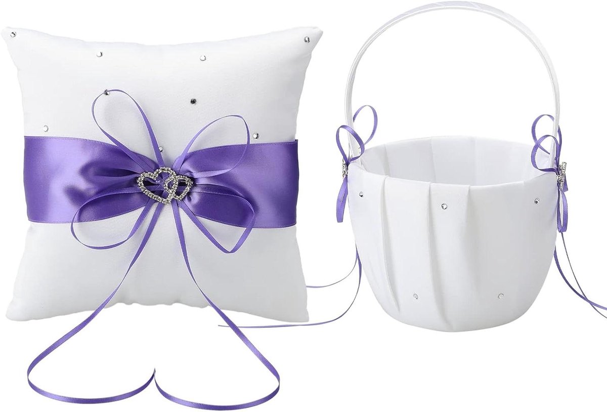 Bloemenmeisje Mand - Bruiloft Mand Ringenkussen - Bruiloft Decoratie - Met Strik en Handvat - 22 x 13 cm - Paars