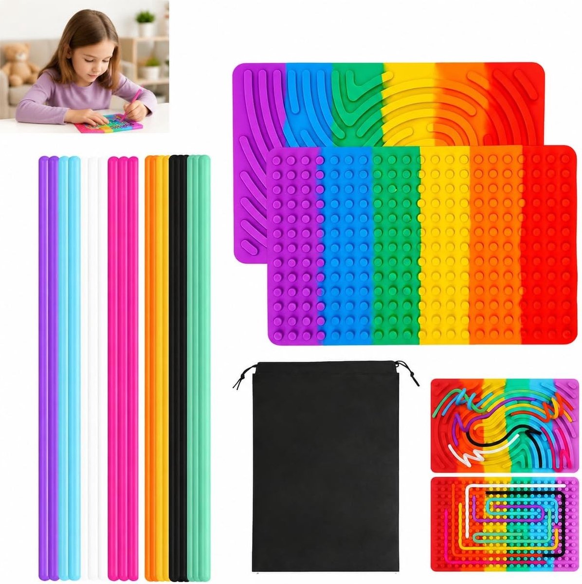 Activiteitenbord voor Kinderen - 20 Kleurrijke Siliconen Linten - Compact Speelgoed voor Educatie, Stressverlichting en Therapie - Ideaal voor Reizen en Ontwikkeling