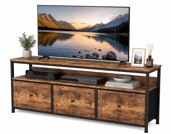 HHHK - TV Meubel - Zwart - Vintage Bruin - TV Kast - TV Meubel Industrieel - TV Meubel Hout - 29,9x108x57cm - TV Bankje - LED