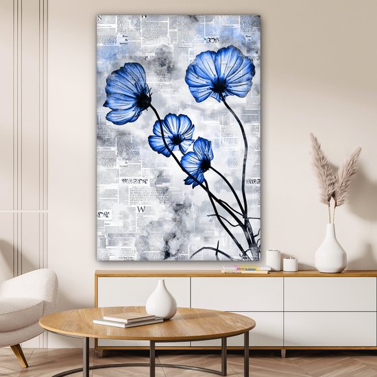 Toile Peinture Fleurs - Journal - Blauw - 80x120 cm - Décoration murale
