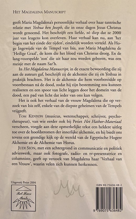 Achterkant van 'Het Magdalena Manuscript', met tekst en ISBN.