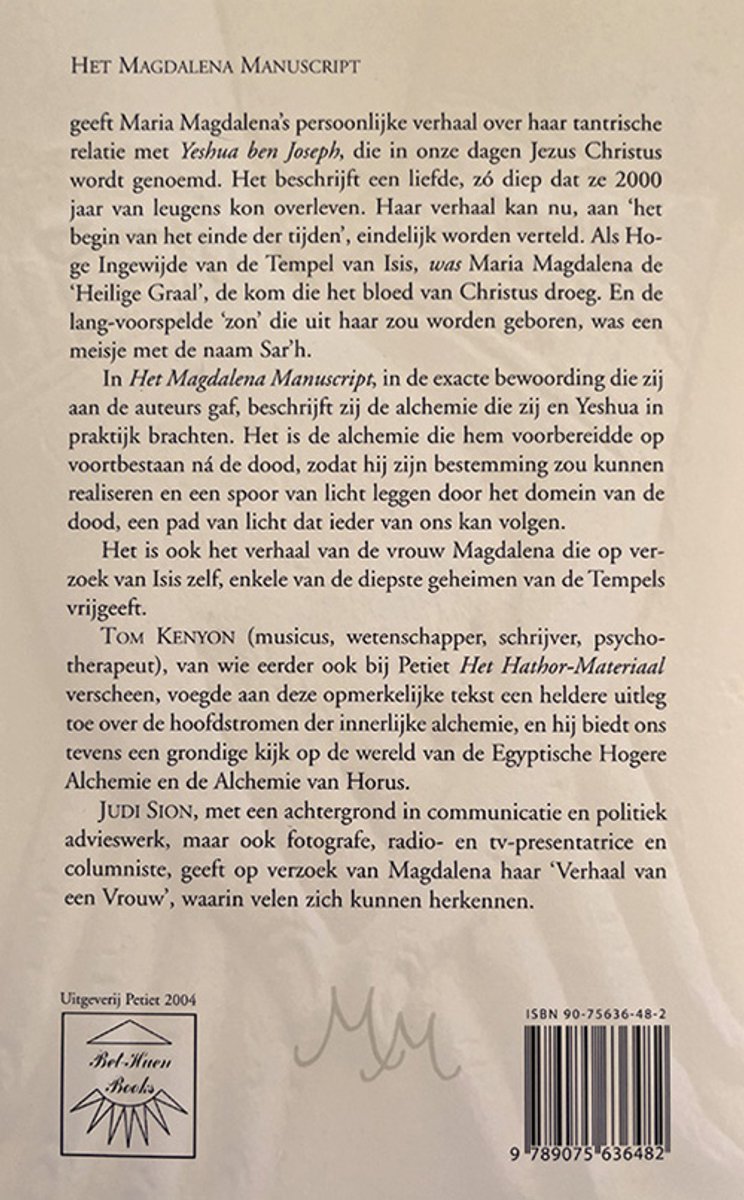Achterkant van 'Het Magdalena Manuscript', met tekst en ISBN.