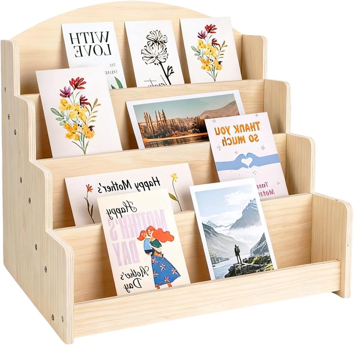 Houten Kaartenhouder Organizer voor Ansichtkaarten en Stickers 4 Lagen