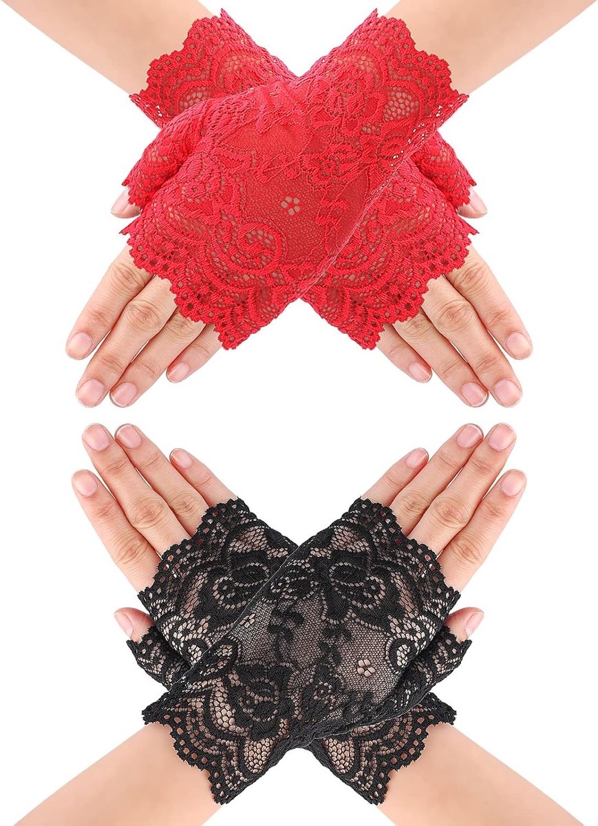 2 Pairs Fingerless Lace Gloves - Vrouwen - Korte Vingerloze Handschoenen - Bruiloft - Theeparty Accessoires