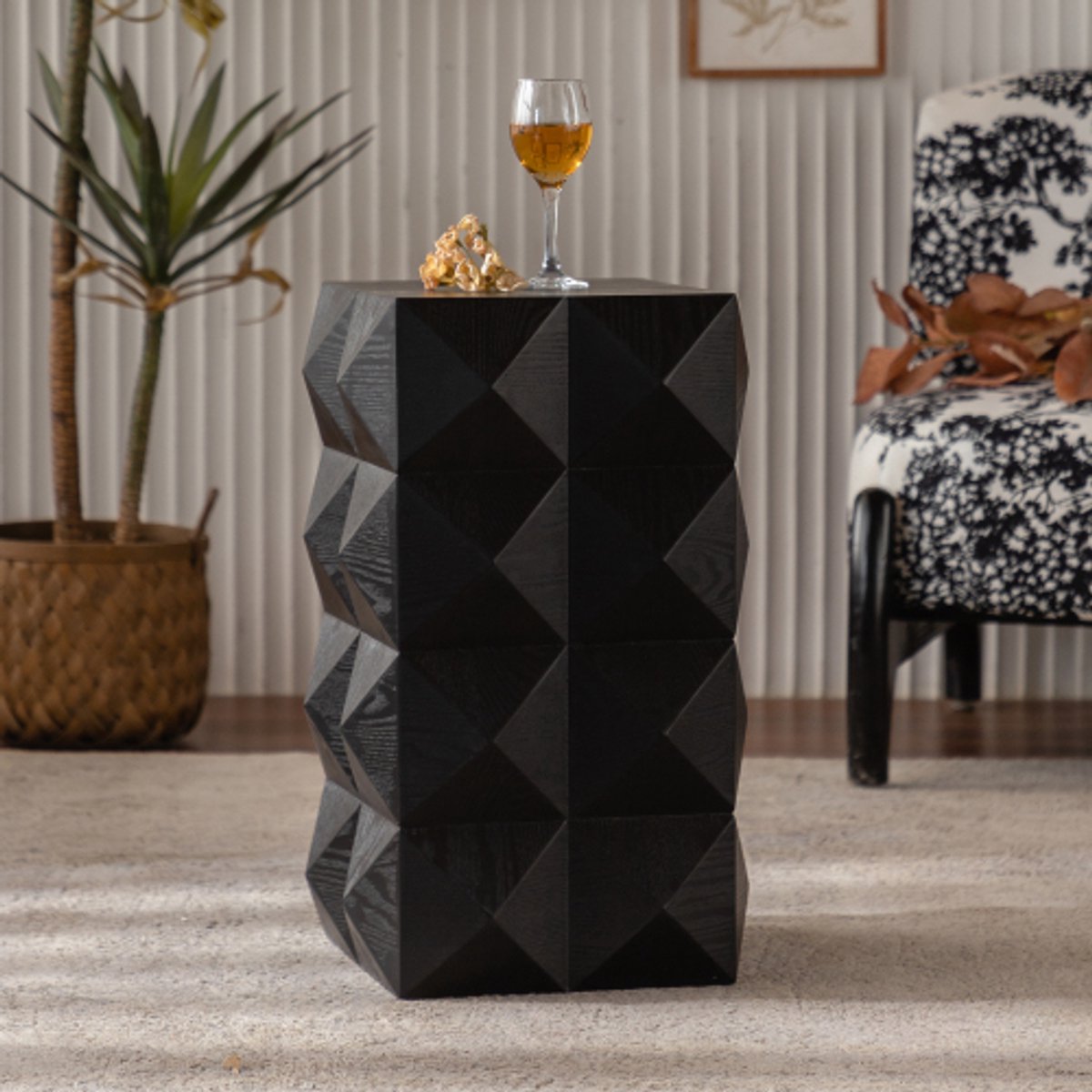 Re-purelife® bijzettafel hout zwart - retro bijzettafel met reliëf design - nachtkastje massief hout - vierkante side table modern vintage - 37 × 37 × 60 cm