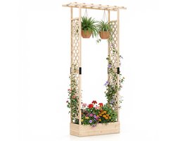 COSTWAY Bloembak met klimrek, plantenbak met klimhulp en hangend dak, verhoogd bed voor klimplanten en hangmanden, privacyscherm, voor tuin, terras (110x35x227 cm, naturel)