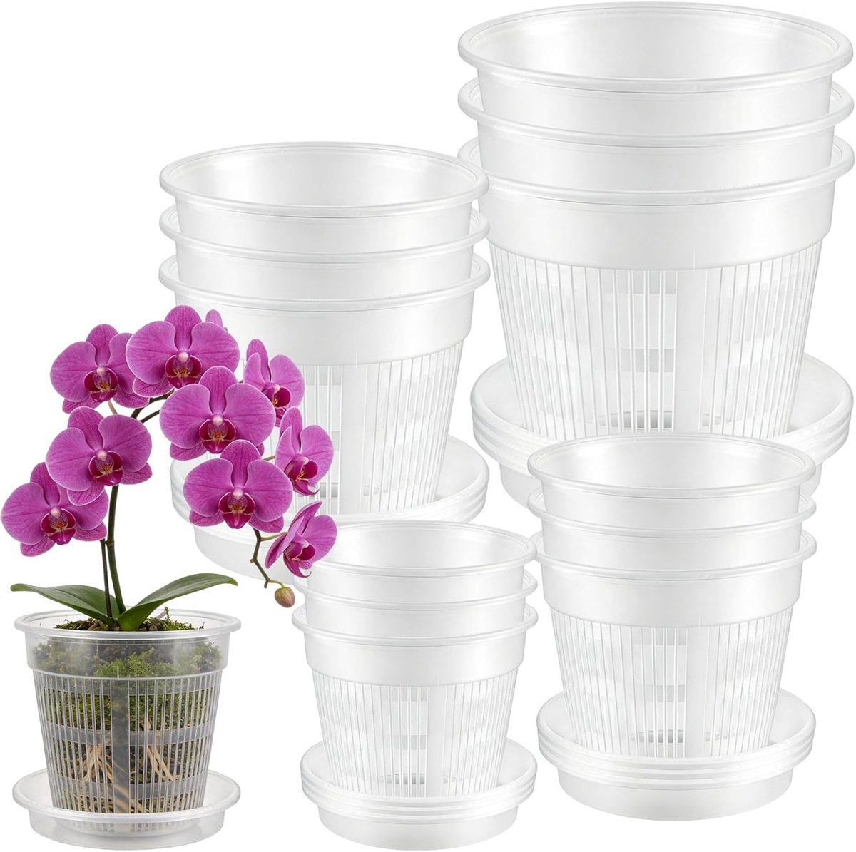 Set van 12 heldere orchideeënpotten van plastic, 11cm/14cm/16cm/19cm, met gaten voor vetplanten en kamerplanten