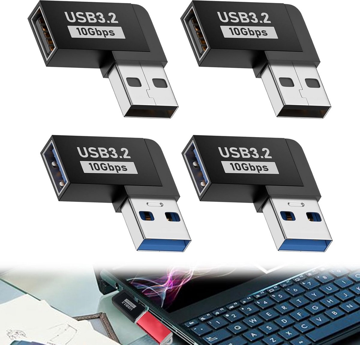 4 Stuks Gebogen USB-kabel Hoekadapter 90 Graden L-Kabel voor Snelle Gegevensoverdracht