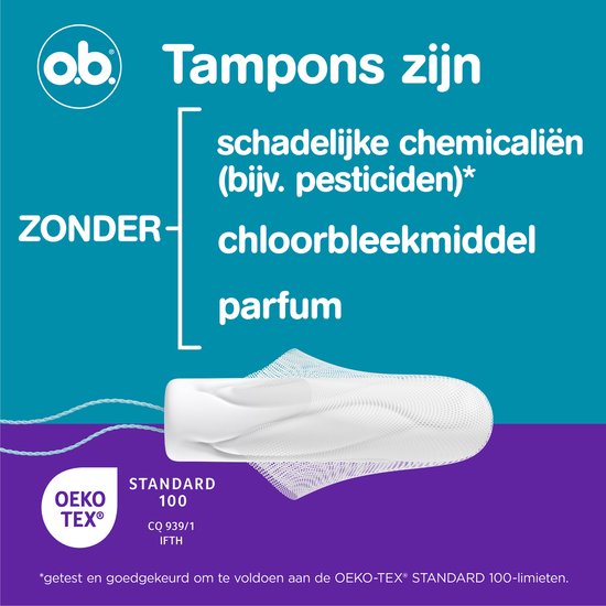 o.b. tampon zonder schadelijke chemicaliën, chloorbleekmiddel, parfum. OEKO-TEX gecertificeerd.