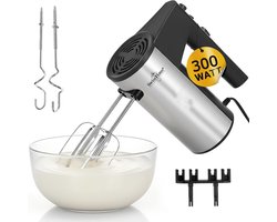 Swiss Haus® HM22 Handmixer - 300W – 5 Snelheden + Turbofunctie – Compacte Mixer met RVS Kloppers & Deeghaken – Zelfstaand Design – Accessoirehouder – Zwart/RVS