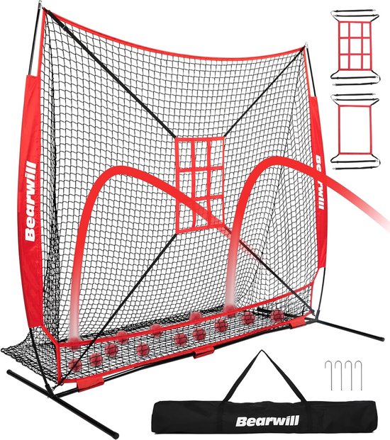 Zwart en rood honkbal oefennet met 2 targets, ballen en draagtas. Rood schietende bal.