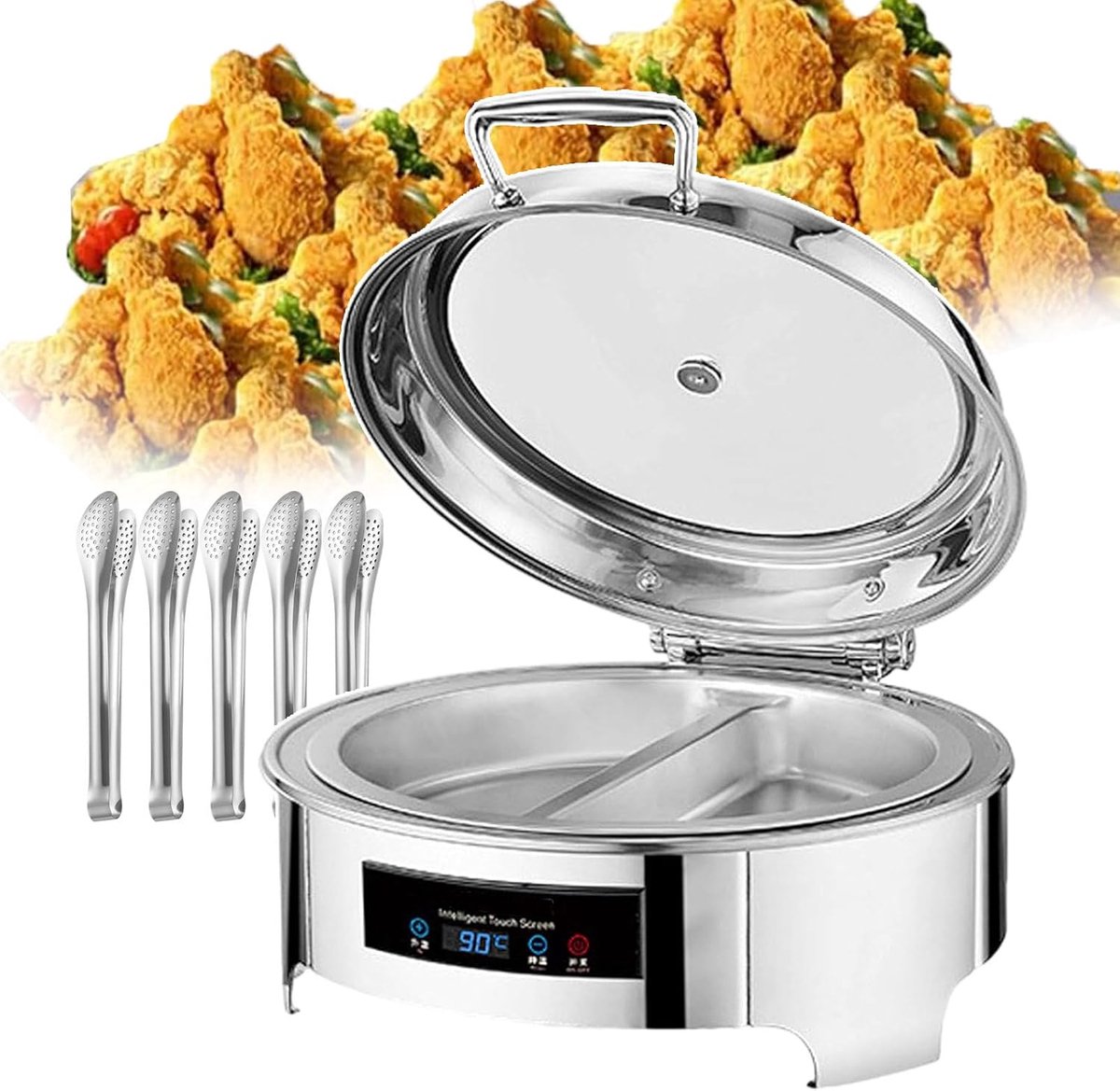 Elektrische Chafing Dish - Buffetwarmer Warmhoudplaat - Gerechten Warm Houden - Digitaal Touchscreen Controle - 6 Liter Inhoud - Zilverkleurig