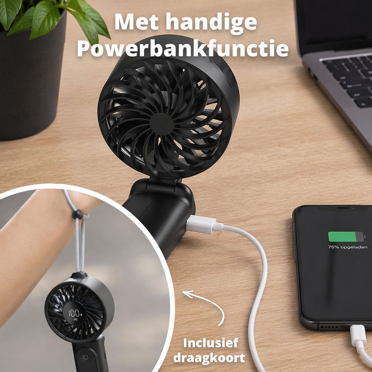 FlinQ Handventilator VoltAir - Draagbare Ventilator - Mini Fan Oplaadbaar - Kleine Portable Ventilator met USB - Draadloze Tafelventilator - Zwart — afbeelding 7