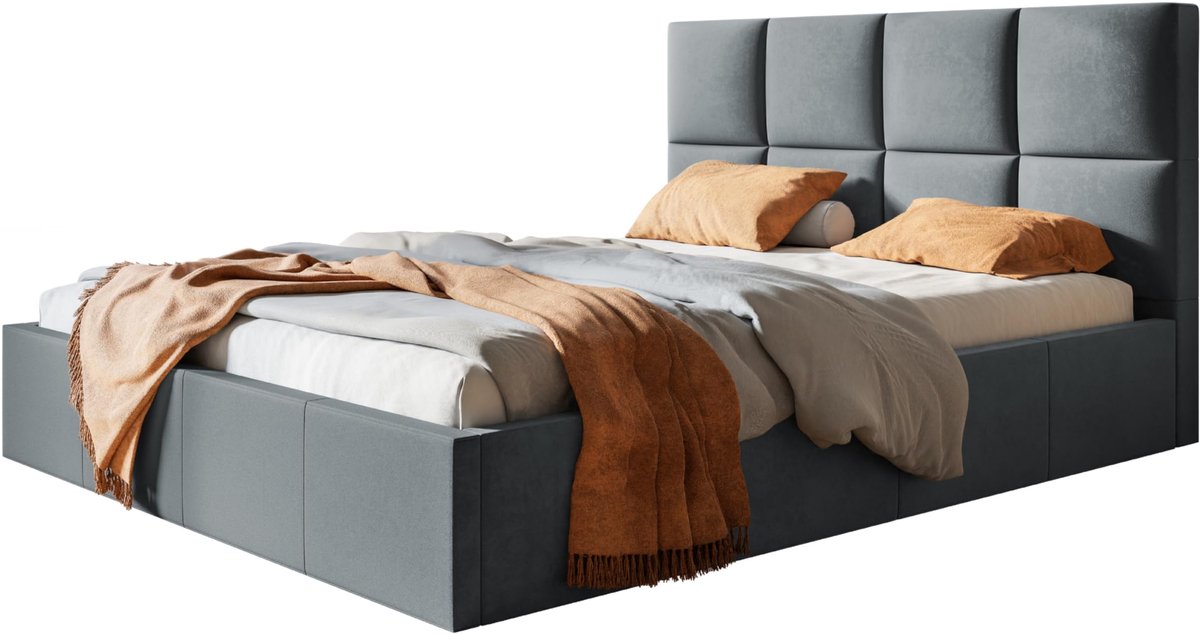 Roma Slim gestoffeerd bed met hoofdeinde, 160 x 200 cm, tweepersoonsbed met bedlade en lattenbodem van metal, kleur: donkergrijs, veloursstof