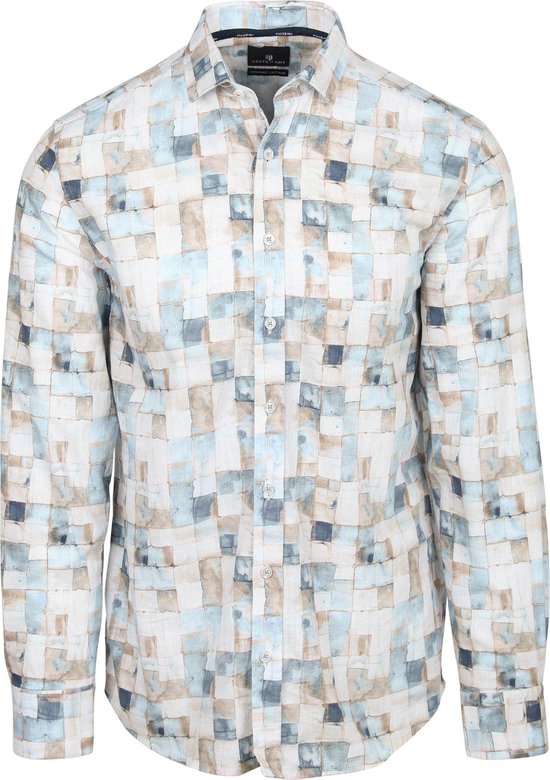 Volledige weergave van een herenoverhemd met lange mouwen, blauw-bruin abstract blokpatroon.