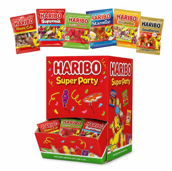 Haribo Super Party display met zeven verschillende zakjes snoep: Happy Cola, Supermix, Giant Strawbs, Starrmix, Tangfastics en Goudberen.