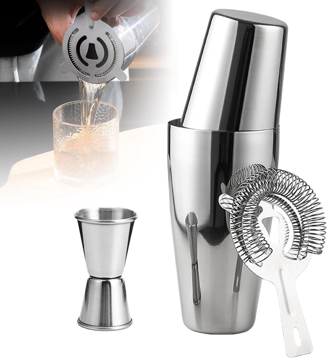 Professionele Cocktail Shaker Set Roestvrij Staal met Zeef en Maatbeker