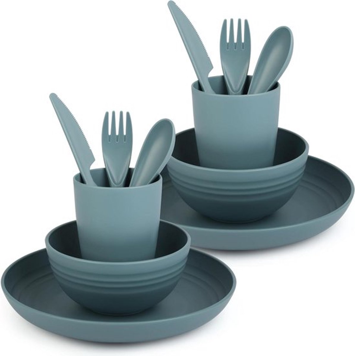 3-delige serviesset van kunststof - Bord, kom, kop en bestek - Herbruikbaar servies voor camping, picknick en diner - Geschikt voor magnetron en vaatwasser - - Serviesset - Kunststof - Camping.