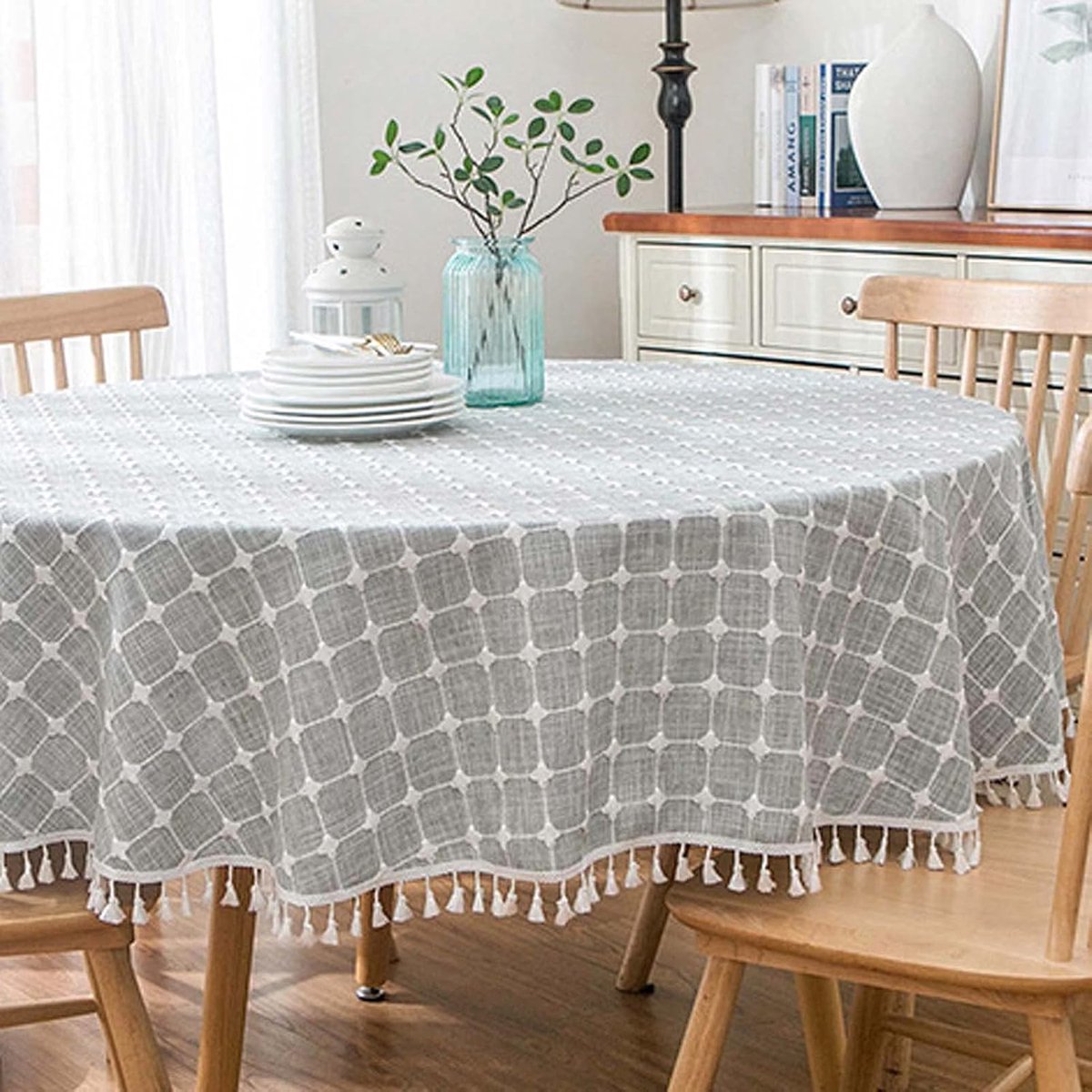 Rond tafelkleed - Linnen kleed - Eettafel decoratie - Geruite kwastjes - 280 cm - Koffie