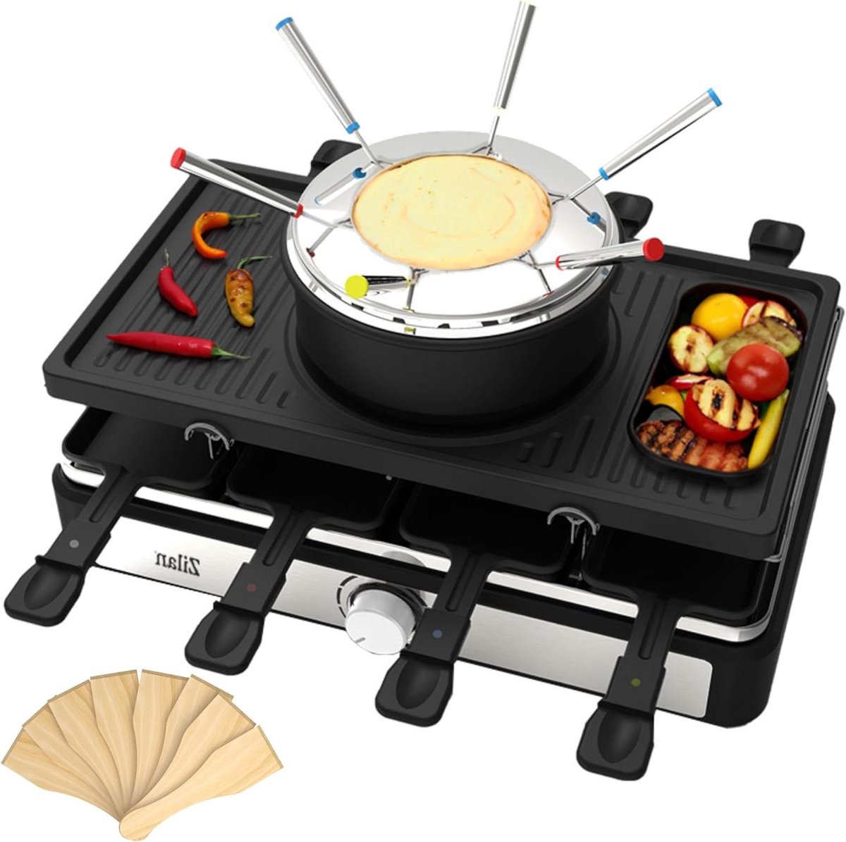 Raclette en Fondue - Party Grill - Gezellig Tafelen - 3-in-1 Functie - 8 Personen - Zwart Natuursteen