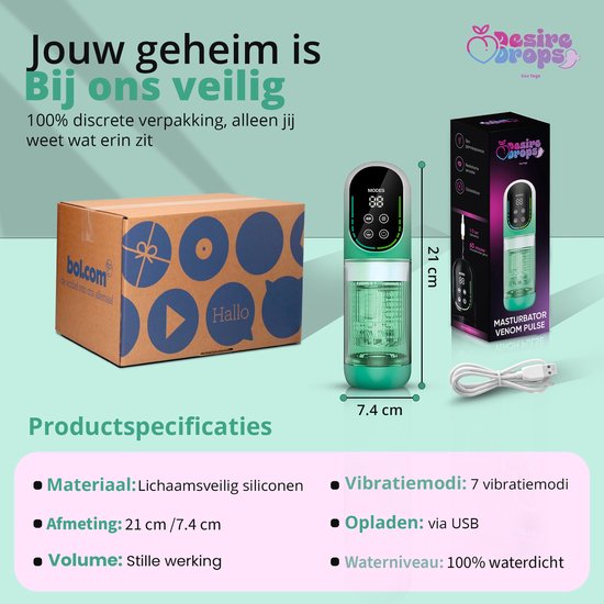 Bol.com verzenddoos naast een groene masturbator met doos. Tekst: Jouw geheim is Bij ons veilig. 100% discrete verpakking. Afmeting: 21cm / 7.4cm. Materiaal: Lichaamsveilig siliconen. Opladen: via USB.