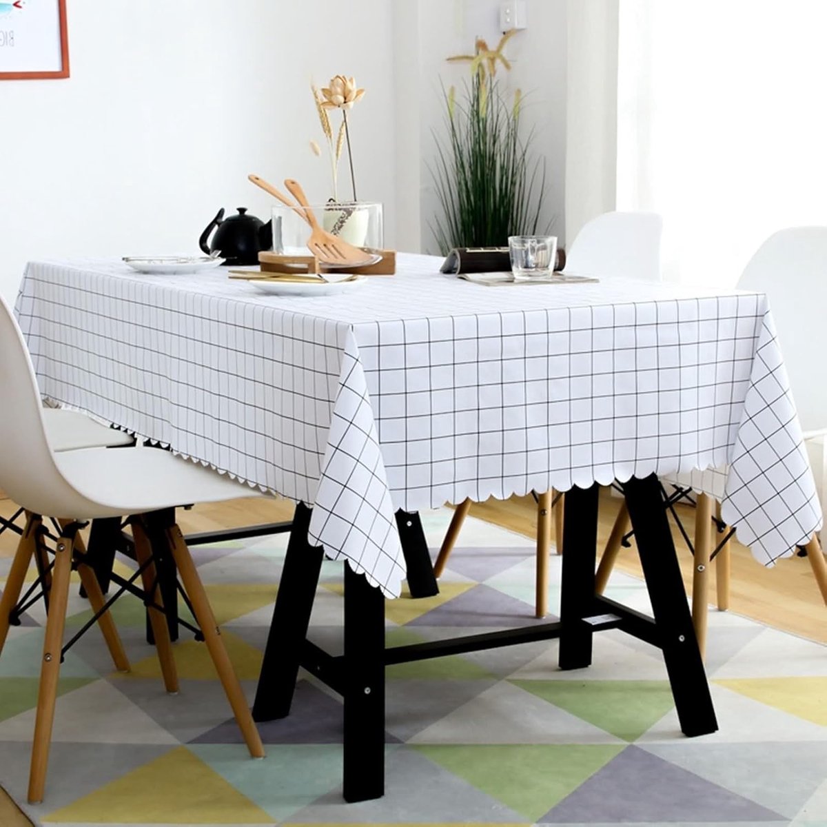 Tafelkleed - Geruit Kleed - Eettafel Beschermen - Wasbaar PVC - 107 x 100 cm - Wit