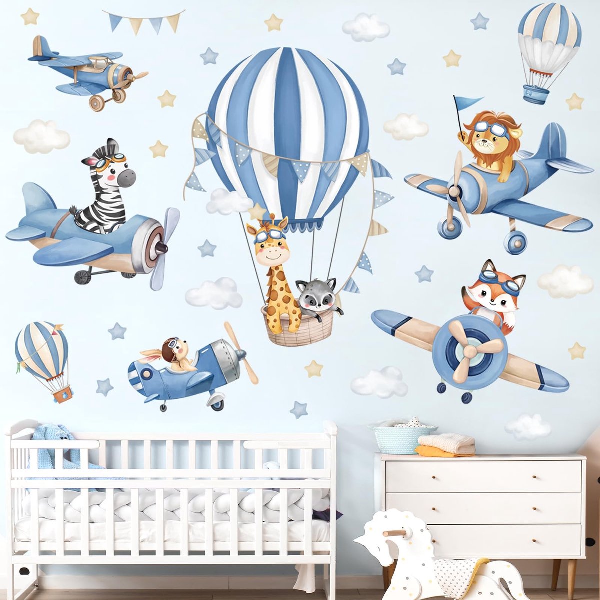aladdien - Blauwe Heteluchtballon Muur Stickers - Decoratieve Dieren - Voor Kinderen - Baby- en Kinderslaapkamer - Muur Decoratie