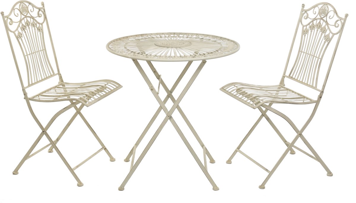 Moritz Bistroset 3-delig inklapbaar Antiek Wit – Metalen klaptafel Ø 69,5 cm met 2 klapstoelen – Vintage tuinset voor balkon terras tuin – nostalgisch café-design