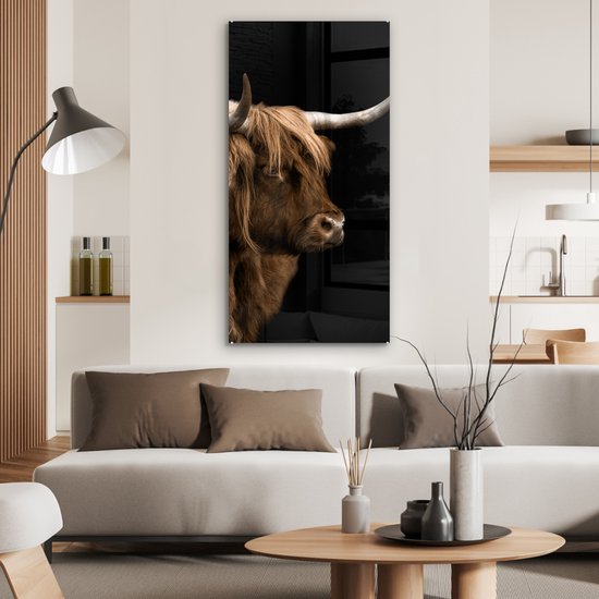 ® Glasschilderij 60x120 cm - Schilderij acrylglas - Schotse hooglander - Koe - Zwart - Foto op glas - Muurdecoratie woonkamer - Wanddecoratie slaapkamer - Schilderijen
