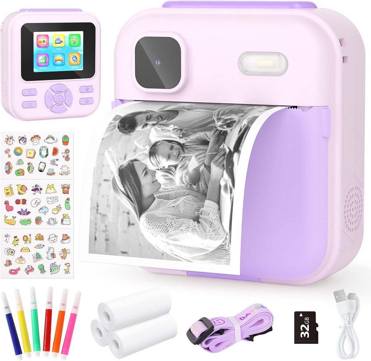 Direct-print camera voor kinderen met 32GB geheugen en 3 rollen fotopapier