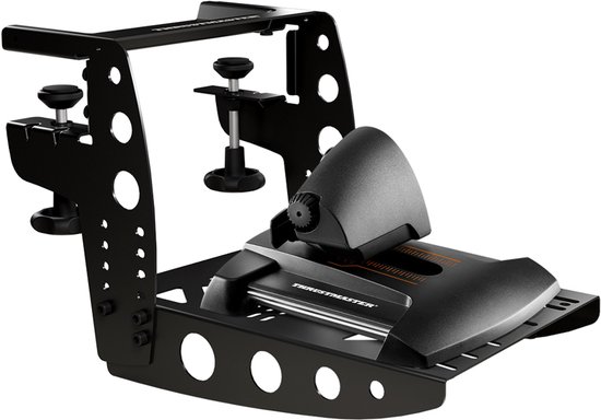Zwarte metalen Thrustmaster Flying Clamp met zwarte joystick en gashendel.
