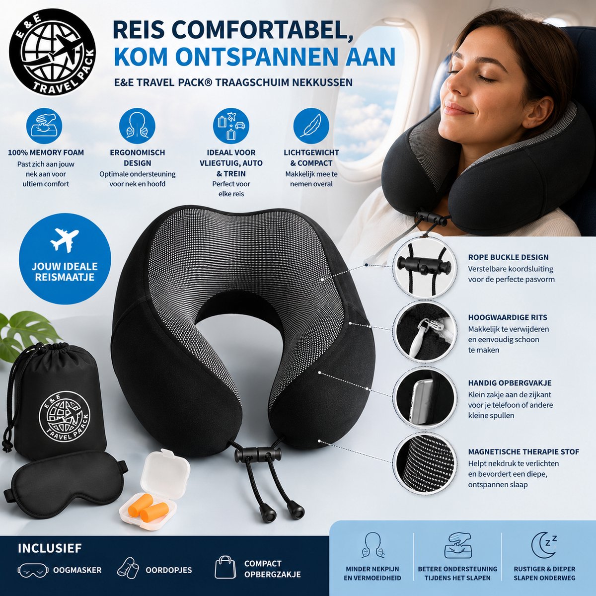 E&E Travel Pack® Traagschuim Nekkussen – 100% Memory Foam Reiskussen Vliegtuig & Auto – Ergonomisch Neksteun Kussen – Inclusief Oogmasker, Oordopjes & Opbergzakje – Vakantie- Auto-Reizen-2026-Zwartmemory foam nekkussen, traagschuim reiskussen, ,