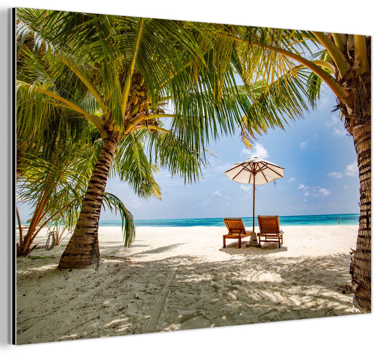 Aluminium schilderij 180x120 cm - Wanddecoratie metaal - Strandstoel - Parasol - Palmboom