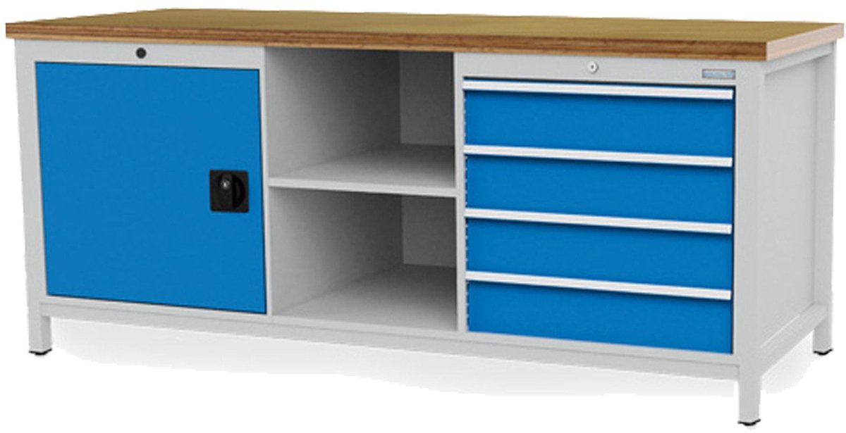 Bedrunka+Hirth Kastenwerkbank Breite 2.000 mm R 24-24 4x Schublade 1x Flügeltüre mit Fachboden 2x Fach Rückwand BxTxH 2.000x750x859 mm - 03.20.16VA