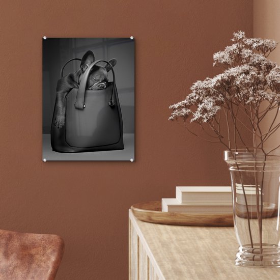 Peinture sur verre - Chien dans un sac à main - noir et blanc - 30x40 cm - Peintures sur Verre Peintures - Photo sur Glas