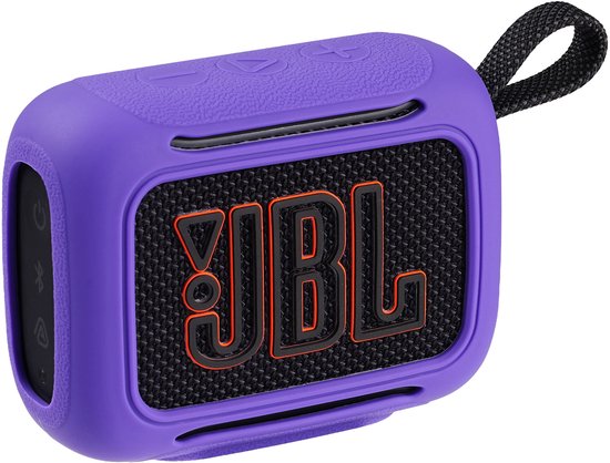 Paarse beschermhoes voor JBL Go speaker met zwart gaas en oranje JBL logo.