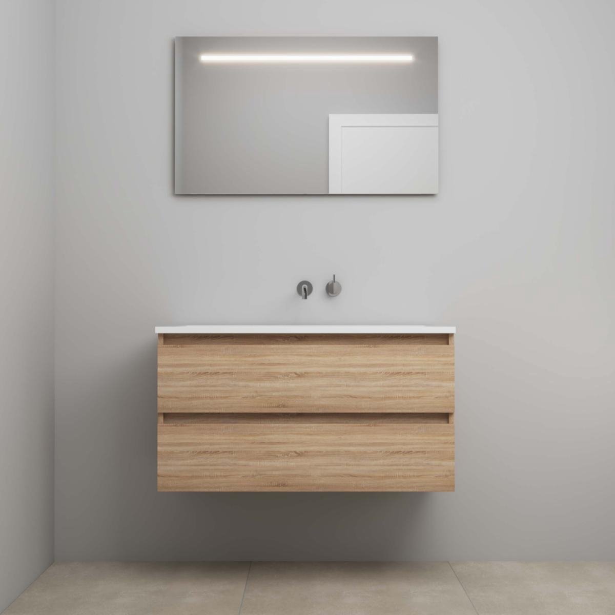 On-Line Badkamermeubelset - 100 cm - Voorgemonteerd - Acryl Wastafel - zonder Kraangat - Spiegel met LED-Verlichting - Eiken