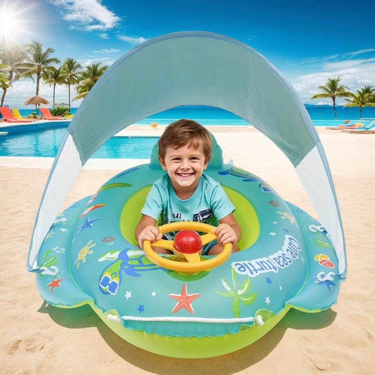 Zwemring met Zitting - Baby zwemband - Waterpret kind - Met zonnedak - 70 x 70 cm - Cartoon – foto 5