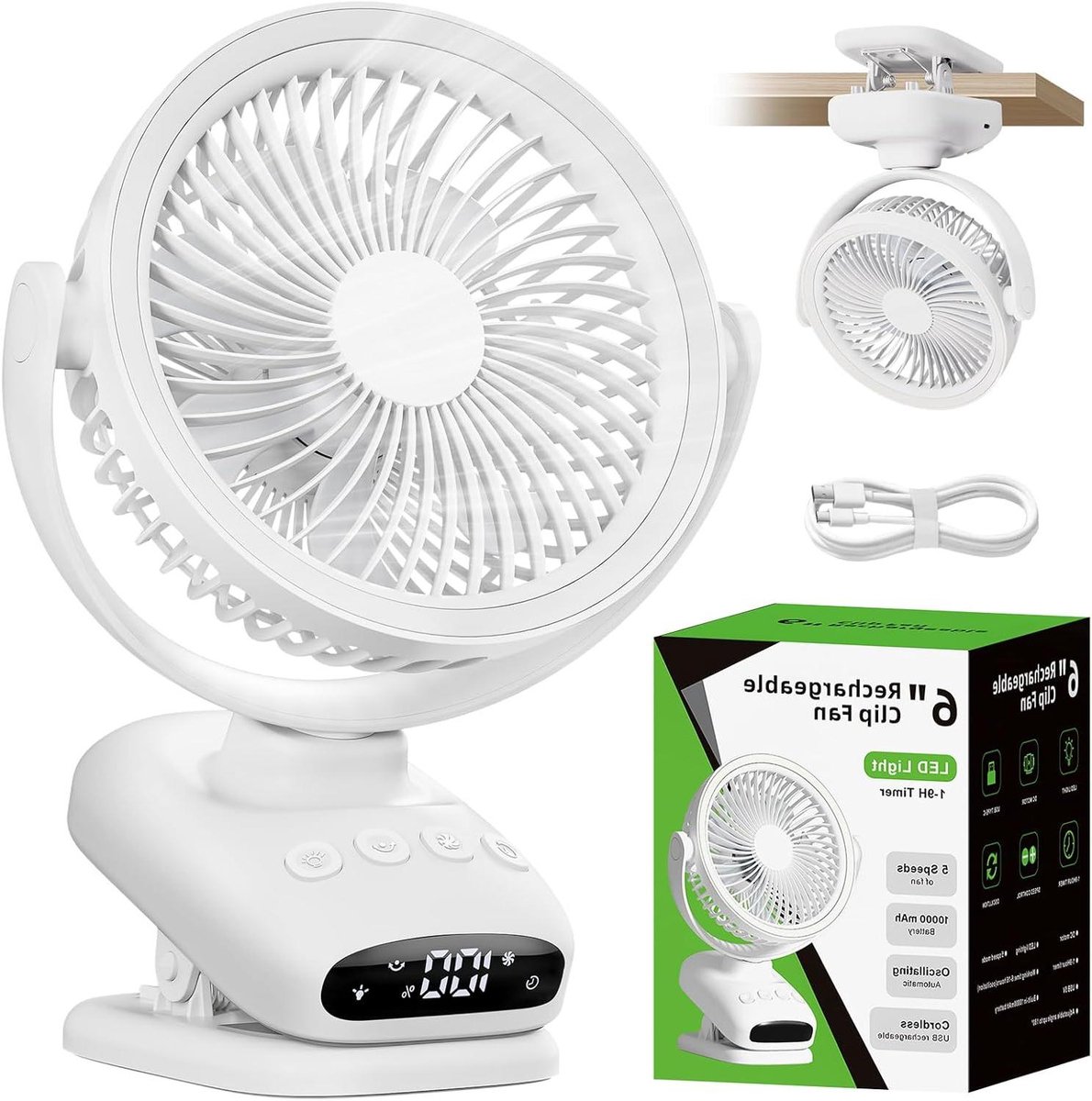 Mini ventilator - Clip ventilator - Persoonlijke koeling - Draagbaar ontwerp - 10000 mAh - Wit