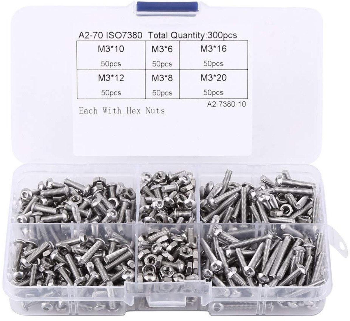 aladdien - Sortimentlåda Knapph - 300-delige M3-roestvrijstalen Binnenzeskantschroeven Assortiment - Roestvrij staal - Bevestigingsmaterialen - Hoog..