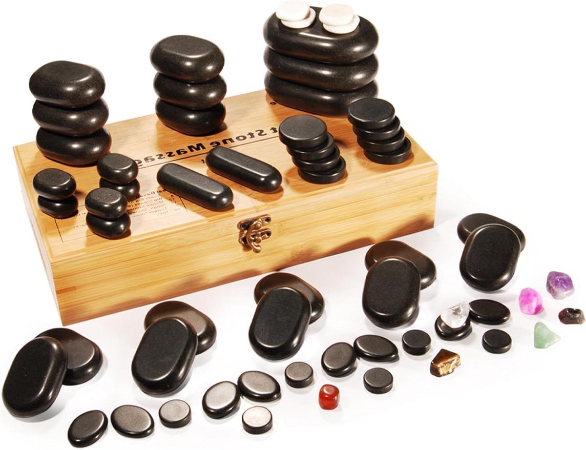 Massage Steen Set - Therapie Stenen - Ontspanningsmassage - 60 Delig Natuursteen - Decoratieve Bamboe - Zwart