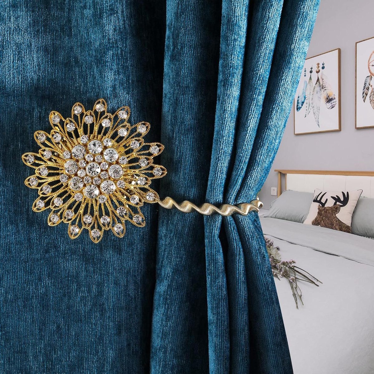Decoratieve Gordijnhouders - Bloem Clips - Raamdecoratie - Sterke Magneet - 2 Stuks - Goud