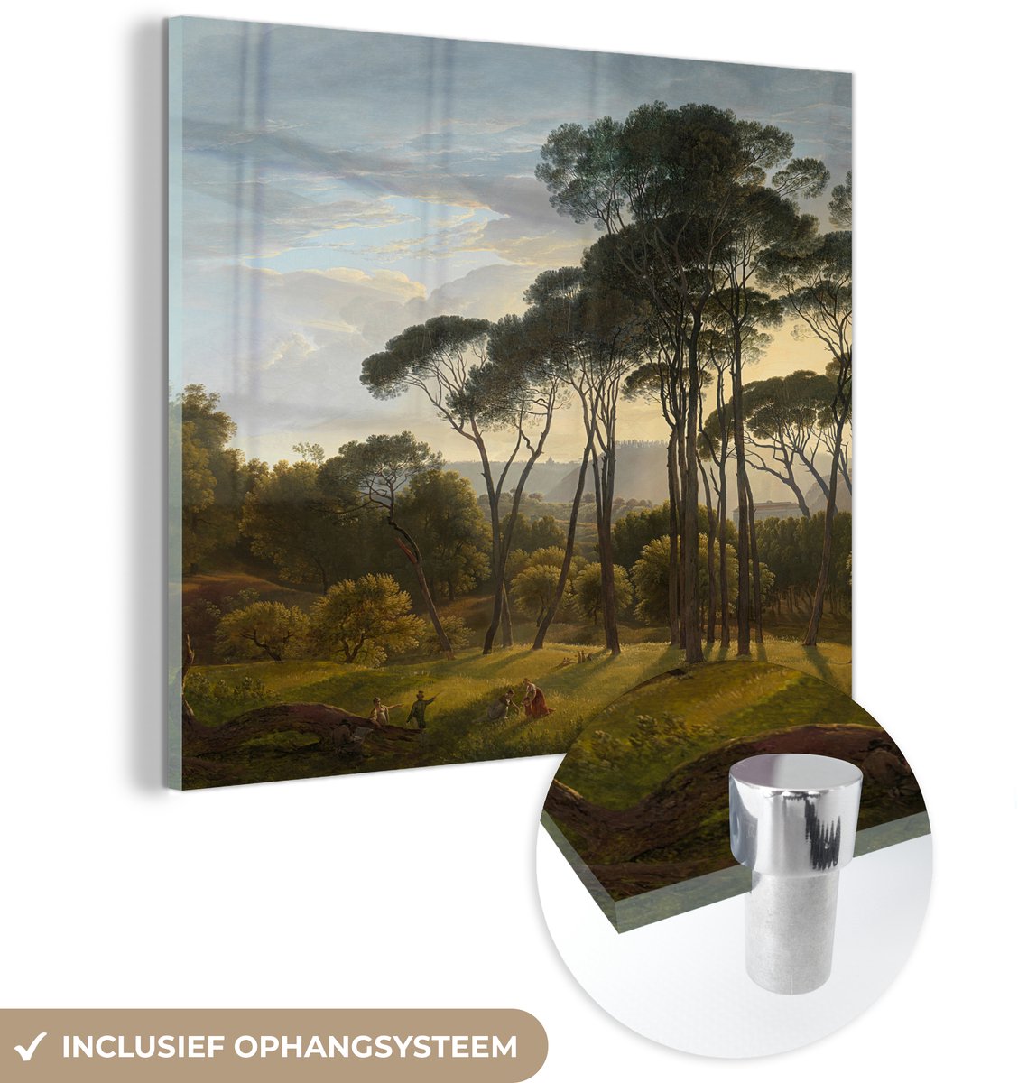 ® Glasschilderij 50x50 cm - Schilderij acrylglas - Italiaans landschap met parasoldennen - Schilderij van Hendrik Voogd - Foto op glas - Muurdecoratie woonkamer - Wanddecoratie slaapkamer - Schilderijen