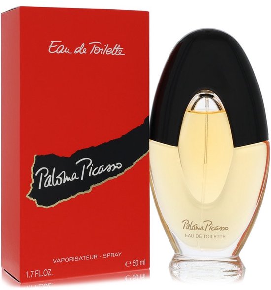 Rode Paloma Picasso doos met "Eau de Toilette" en "Paloma Picasso" logo. Parfumfles met transparant glas, gele vloeistof en zwarte dop.