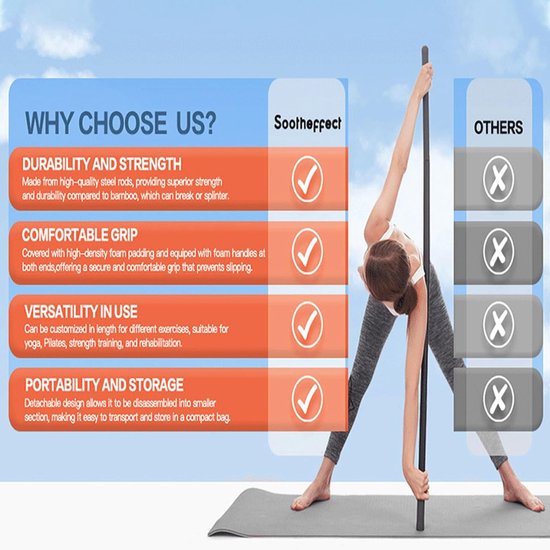 Yogastick Pilates Bar - Fitness Stok - Flexibiliteit Verbeteren - Verstelbare Lengte - 4 Stalen Staven - Zwart — afbeelding 5